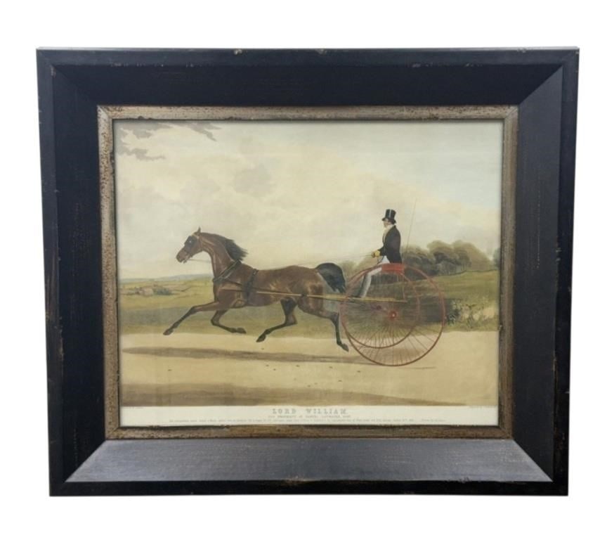 Lord William Hand-Colored Engraving: This 19th-century hand-colored sporting engraving is titled Lord William and portrays a celebrated trotting horse harnessed to a high-wheeled racing sulky. The print is inscribed Painted by W.J.