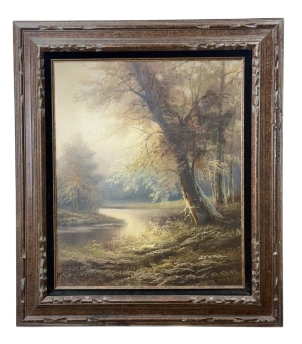 Signed Cortez Atmospheric River Landscape: This atmospheric landscape painting is executed in oil on canvas, featuring a river or lake scene under a soft, hazy light characteristic of mid-to-late 20th-century decorative works. The work is sign