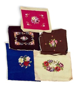 Five Floral Wool Needlepoint Panels