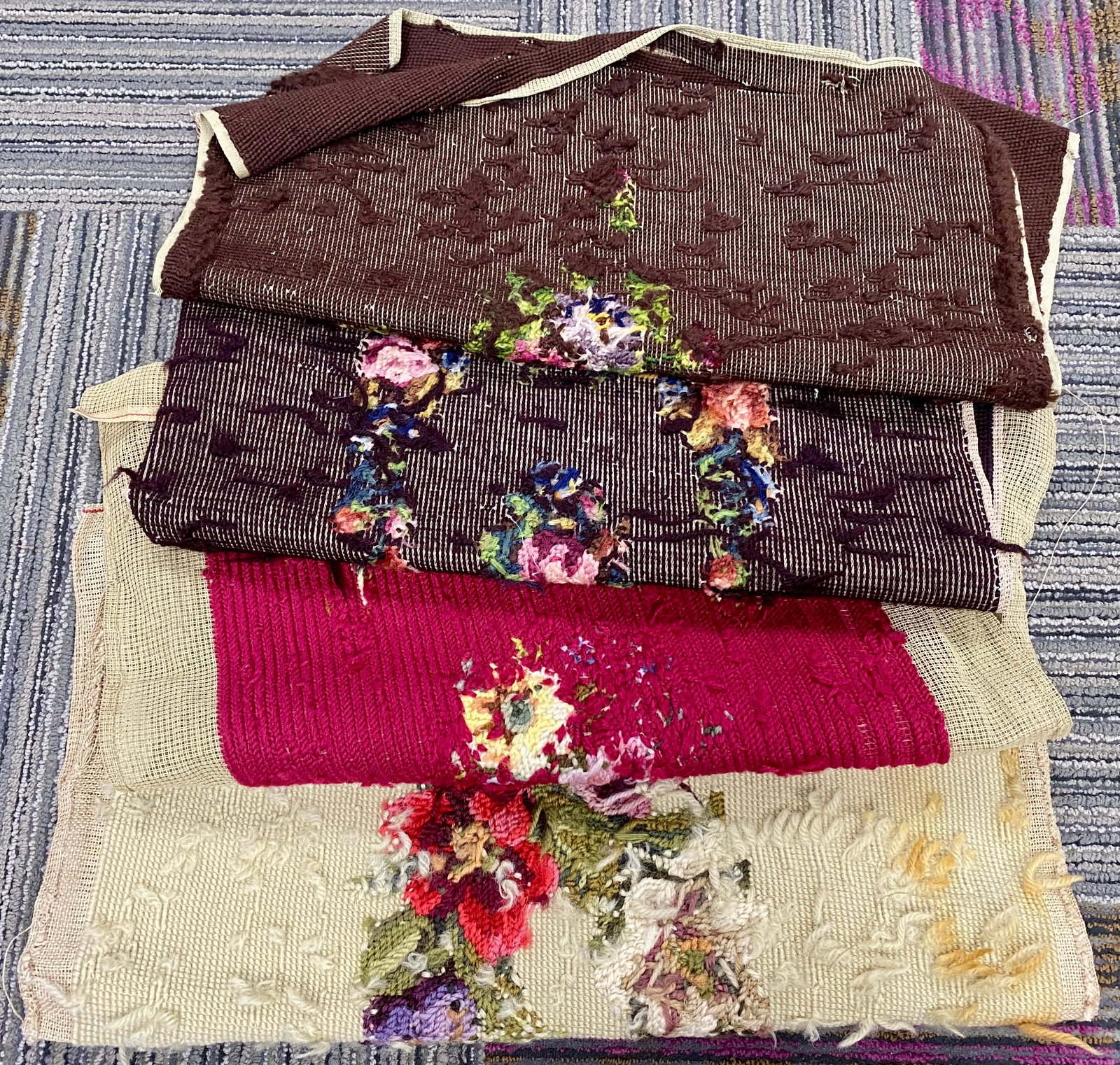 Five Floral Wool Needlepoint Panels - 9