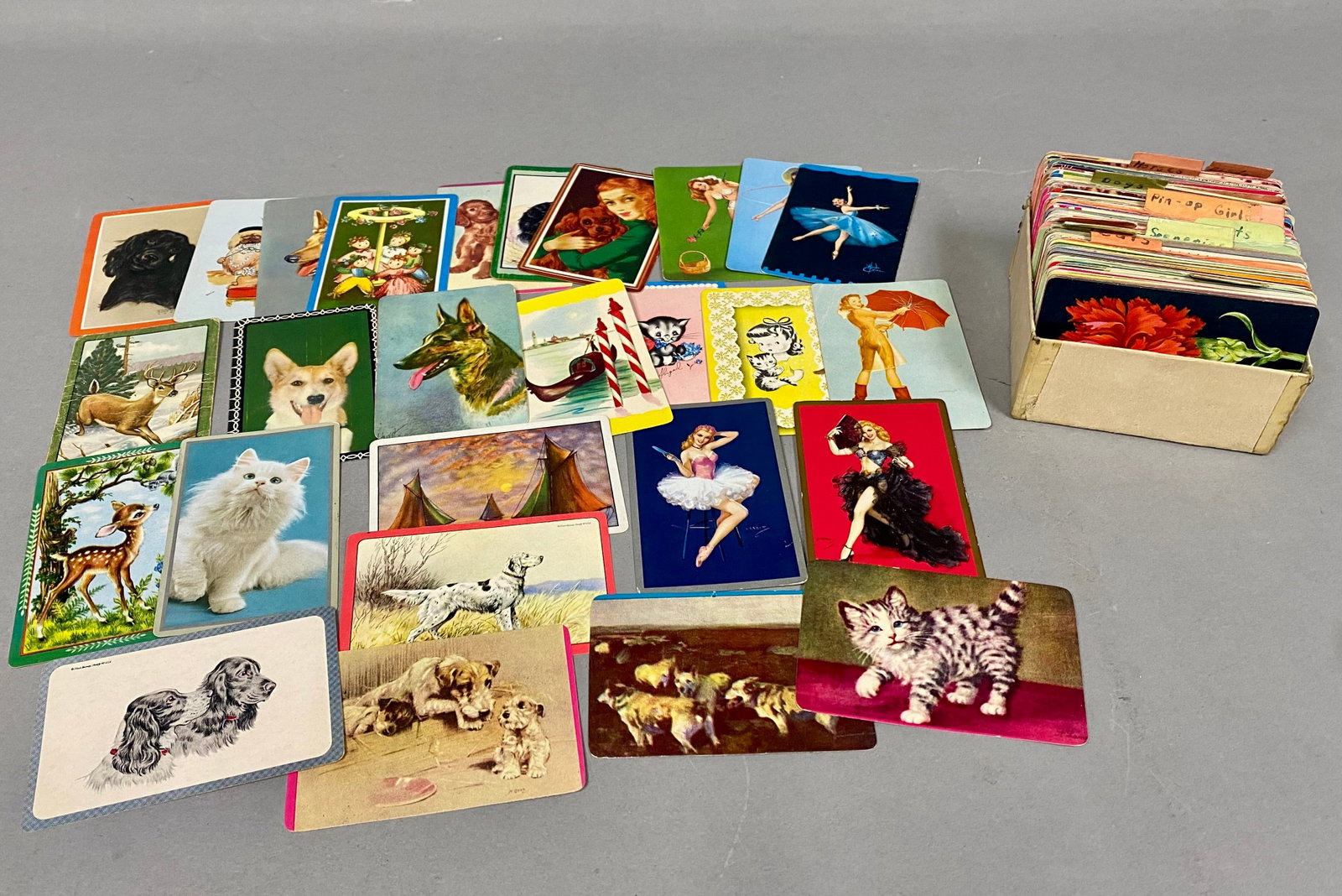 Collection of Mid-Century Swap Cards: An assortment of over 250 vintage single swap playing cards featuring diverse subjects including domestic animals, wildlife, landscapes, and pin-up glamour. The collection contains cards published by 