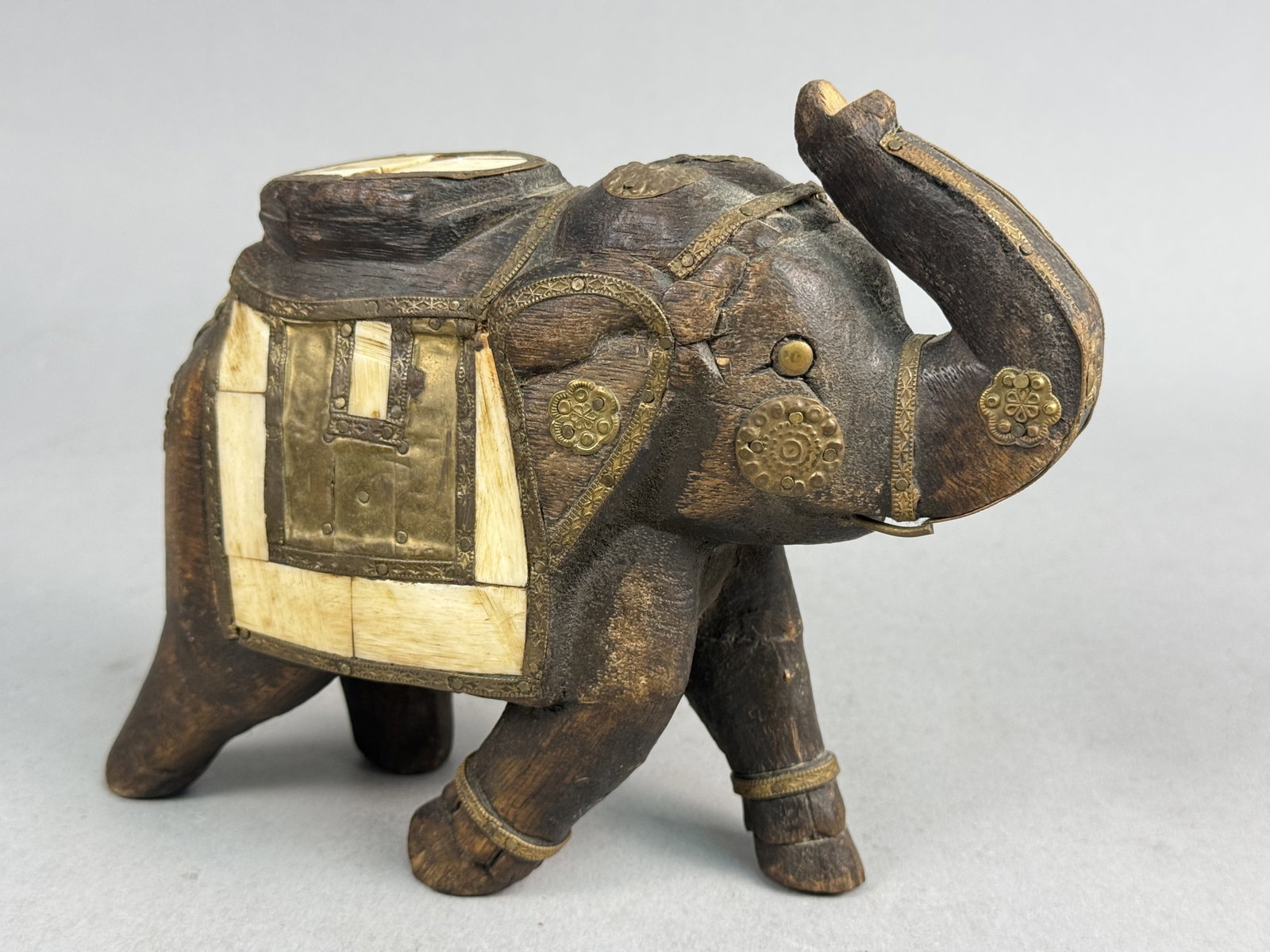 Indian Brass & Bone Inlaid Hand-Carved Elephant (1 of 7)