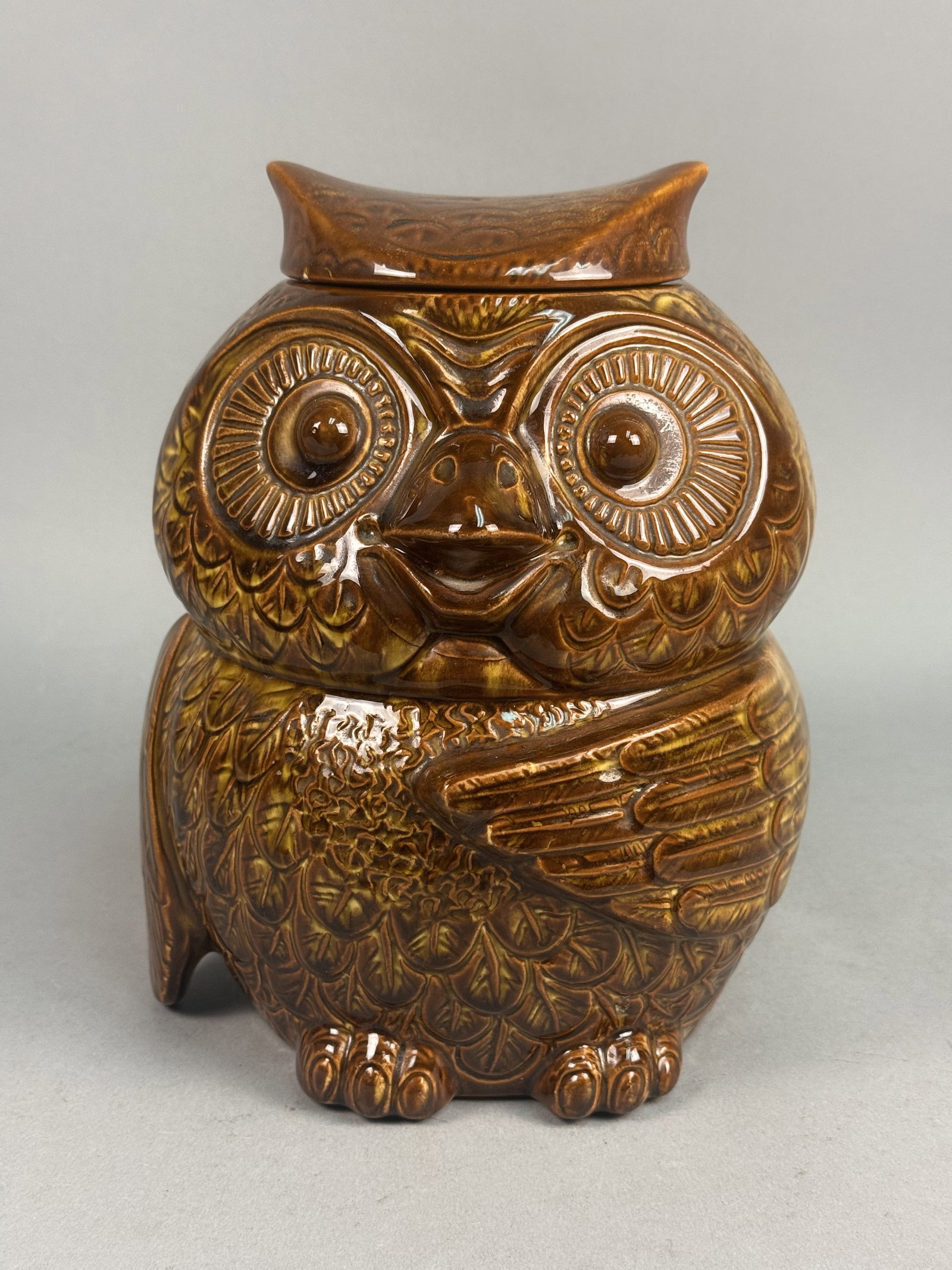 Ceramic Brown Drip Glazed Owl Cookie Jar: A vintage earthenware cookie jar modeled in the form of a seated owl with a removable head lid. The exterior features detailed molded feathers, folded wings, and prominent stylized eyes. The piece is 