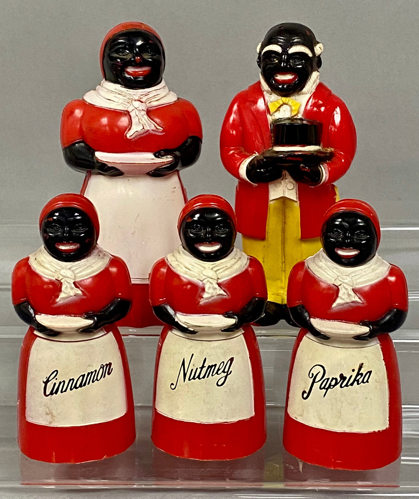F&F Plastic Aunt Jemima Kitchen Set: A set of five molded plastic kitchen containers produced by F&F Mold & Die Works in Dayton, Ohio. The collection includes two large salt and pepper shakers modeled as the advertising characters Aunt