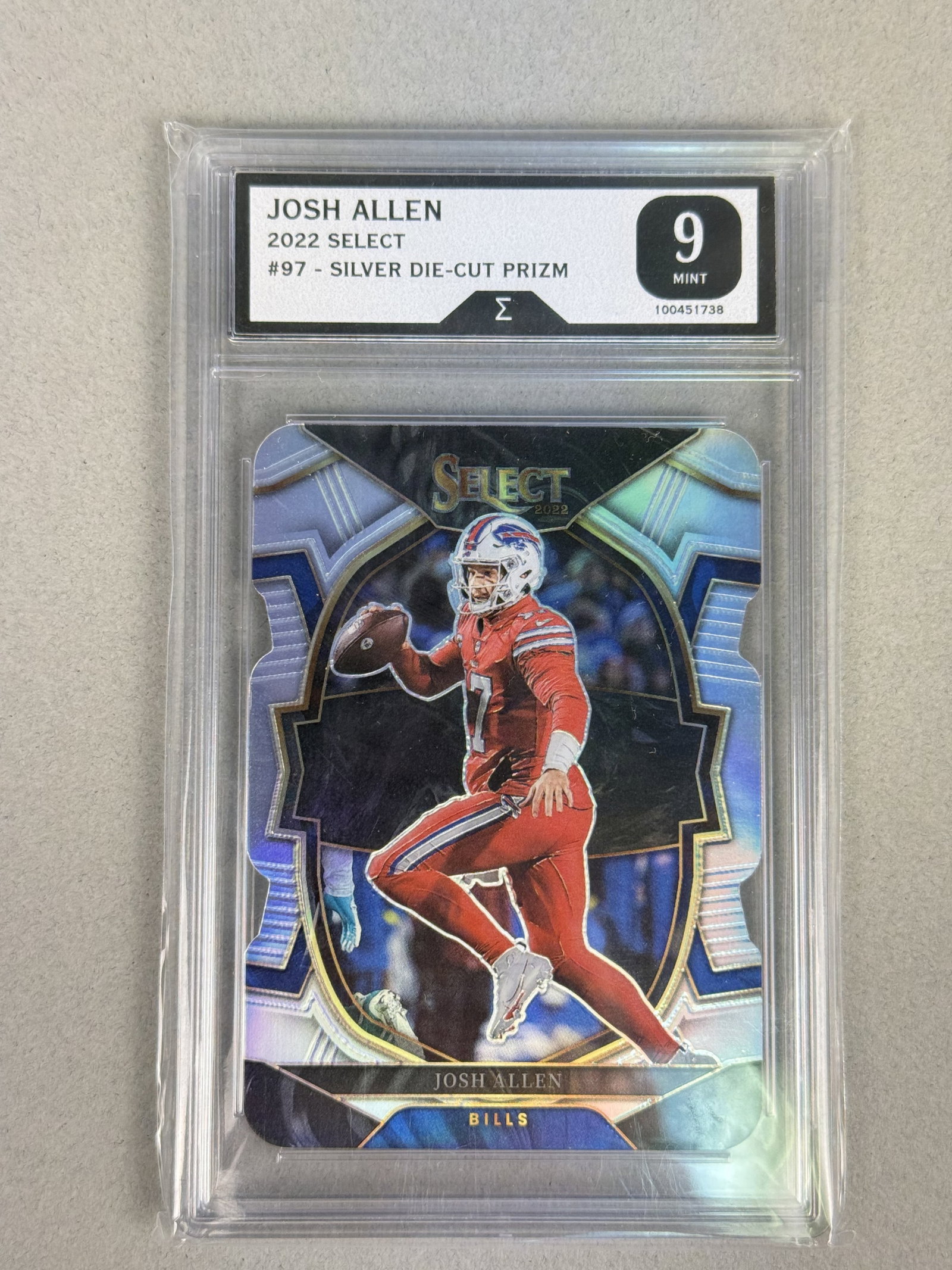 Panini Select Josh Allen Silver Die-Cut Card: A 2022 Panini Select football card featuring Buffalo Bills quarterback Josh Allen. This card is number 97 from the Concourse level set and is the Silver Prizm die-cut parallel version. The front of th