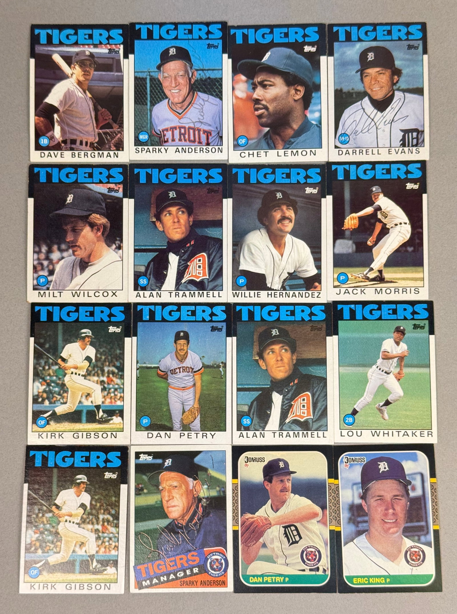 16 Signed Topps & Donruss Detroit Tigers Cards: An assortment of sixteen baseball trading cards featuring members of the Detroit Tigers organization, primarily from the 1987 season with one inclusion from 1986. The lot contains fourteen cards manuf