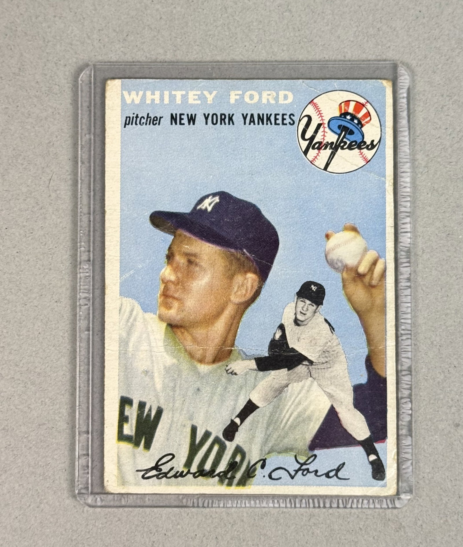 Topps 1954 Whitey Ford Baseball Card: A vintage 1954 Topps baseball trading card, number 37, featuring Hall of Fame pitcher Whitey Ford of the New York Yankees. Markings on the reverse include a circular baseball graphic printed with TOPP