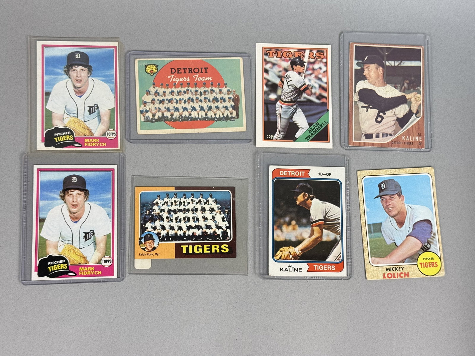 Topps & O-Pee-Chee Detroit Tigers Baseball Cards: An assortment of vintage baseball cards featuring the Detroit Tigers franchise, primarily issued by Topps and O-Pee-Chee. The group highlights notable players including Hall of Famers Al Kaline and Al