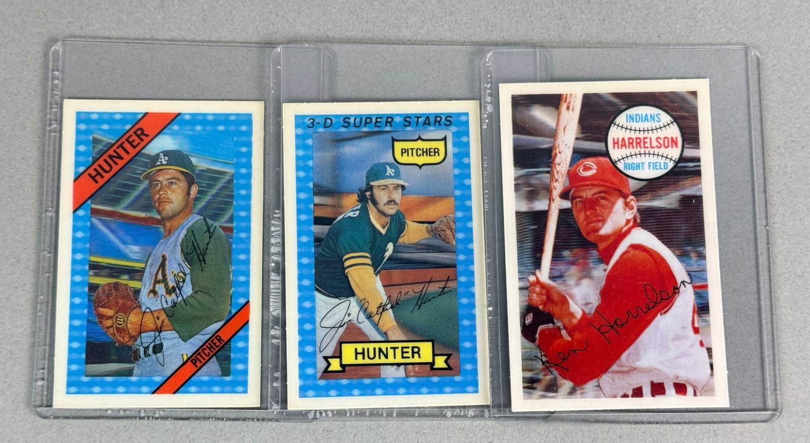 3 Kellogg's 3-D Super Stars Baseball Cards: An assortment of three vintage 3-D Super Stars baseball cards issued as food premiums by Kellogg's in the early 1970s. The collection features two cards of Hall of Fame pitcher James Augustus Catfish 