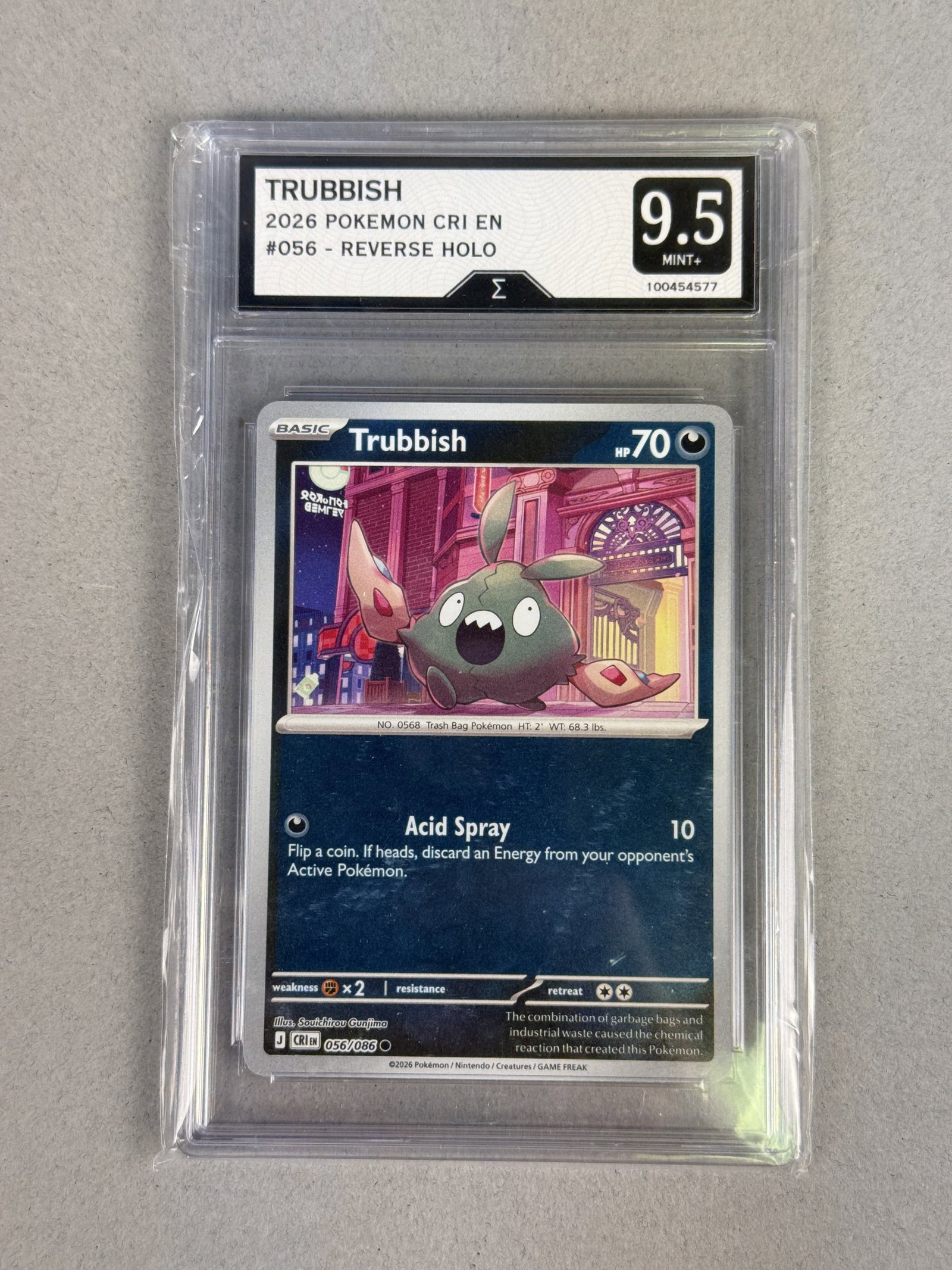 Sigma Graded 9.5 Trubbish Reverse Holo Card: A professionally graded and encapsulated Trubbish trading card from a custom or novelty Pokemon TCG set identified as CRI EN. The card features a reverse holofoil treatment across the lower text box a