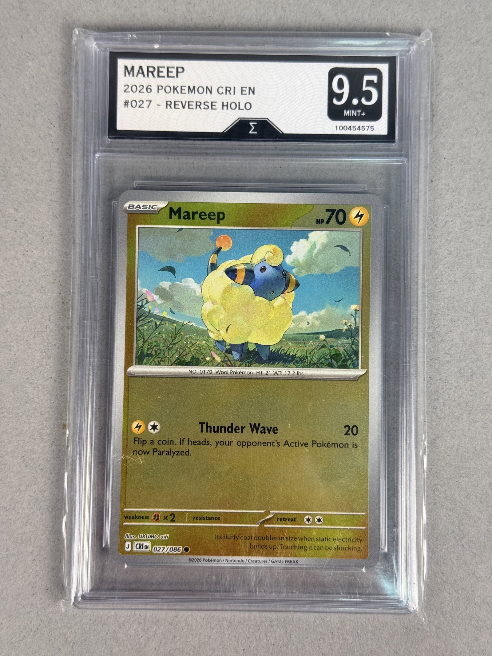 Sigma 9.5 Pokemon Mareep Reverse Holo Card: A graded Pokemon trading card featuring the character Mareep, encased in a Sigma Card Grading protective slab. The card is identified as number 027/086 from the CRI set, which corresponds to the Chaos
