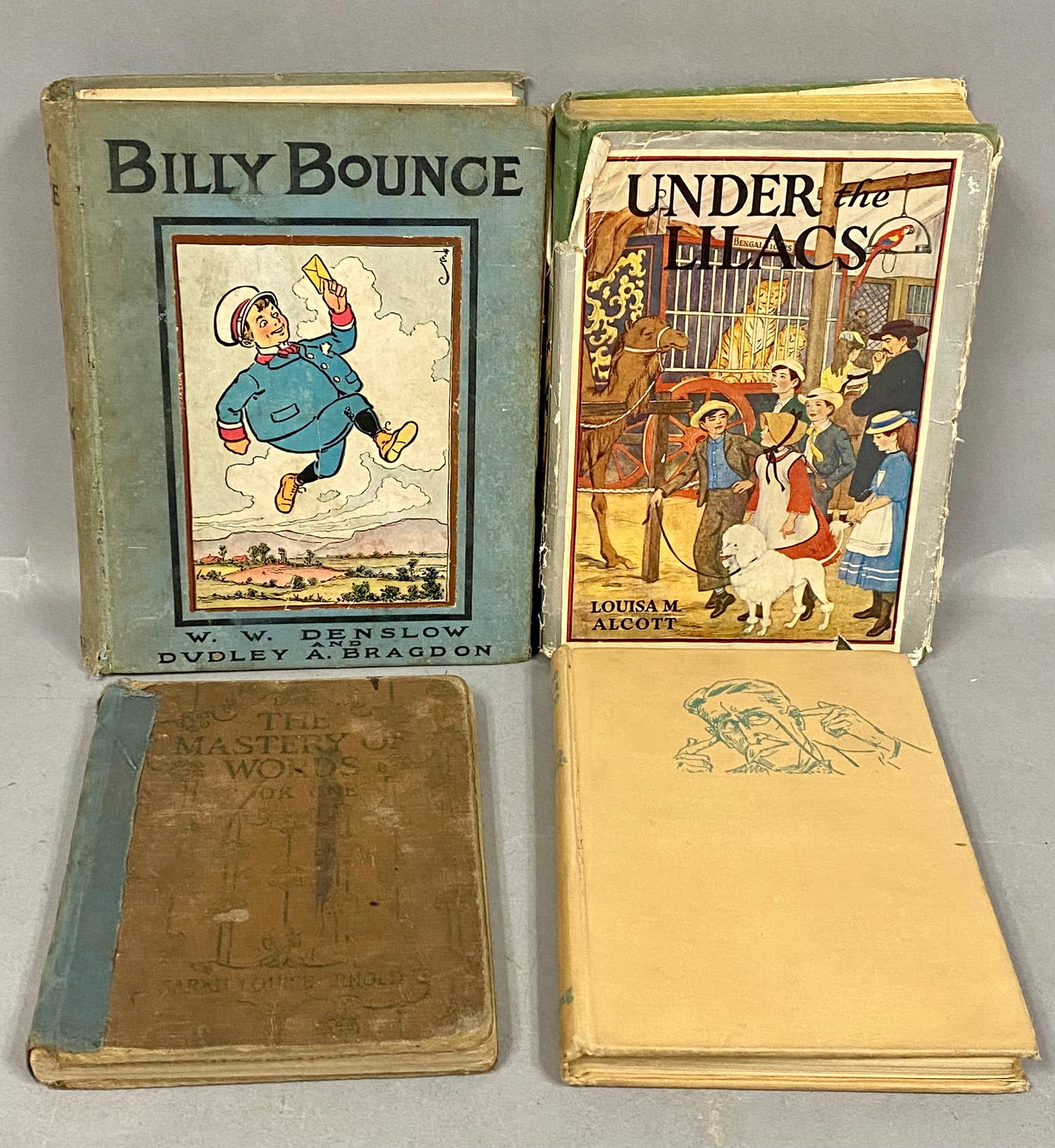 Denslow Alcott & Vintage Hardcover Book Assortment: An assortment of four antique and vintage hardcover volumes primarily focused on early 20th-century children's literature and educational subjects. The collection is led by Billy Bounce by W. W.