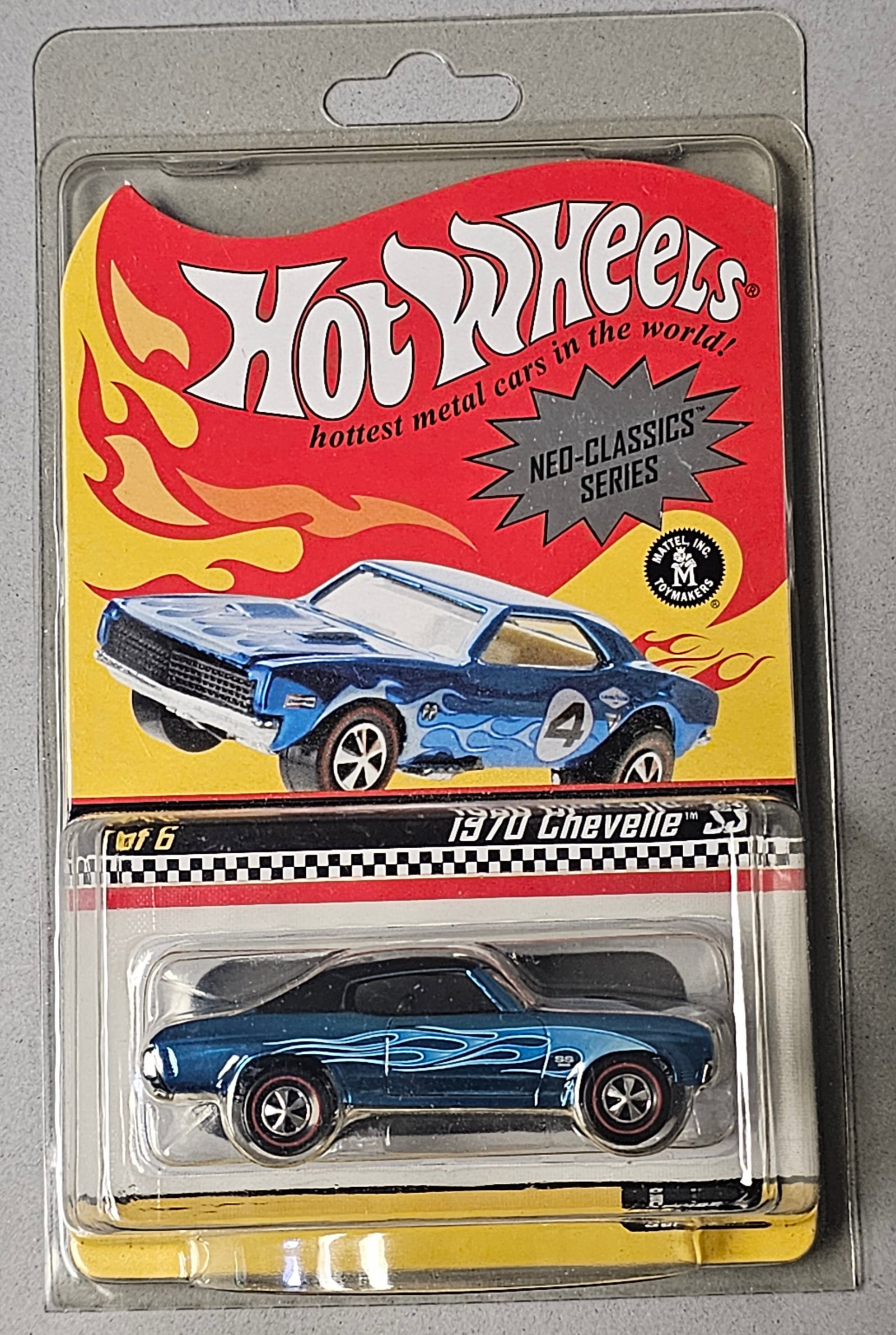 Mattel Hot Wheels Neo-Classics 1970 Chevelle SS: A Mattel Hot Wheels die-cast model 1970 Chevelle SS from the Neo-Classics Series, designated as number 1 of 6 in the series. The vehicle is finished in a Spectraflame blue metallic paint with a black 