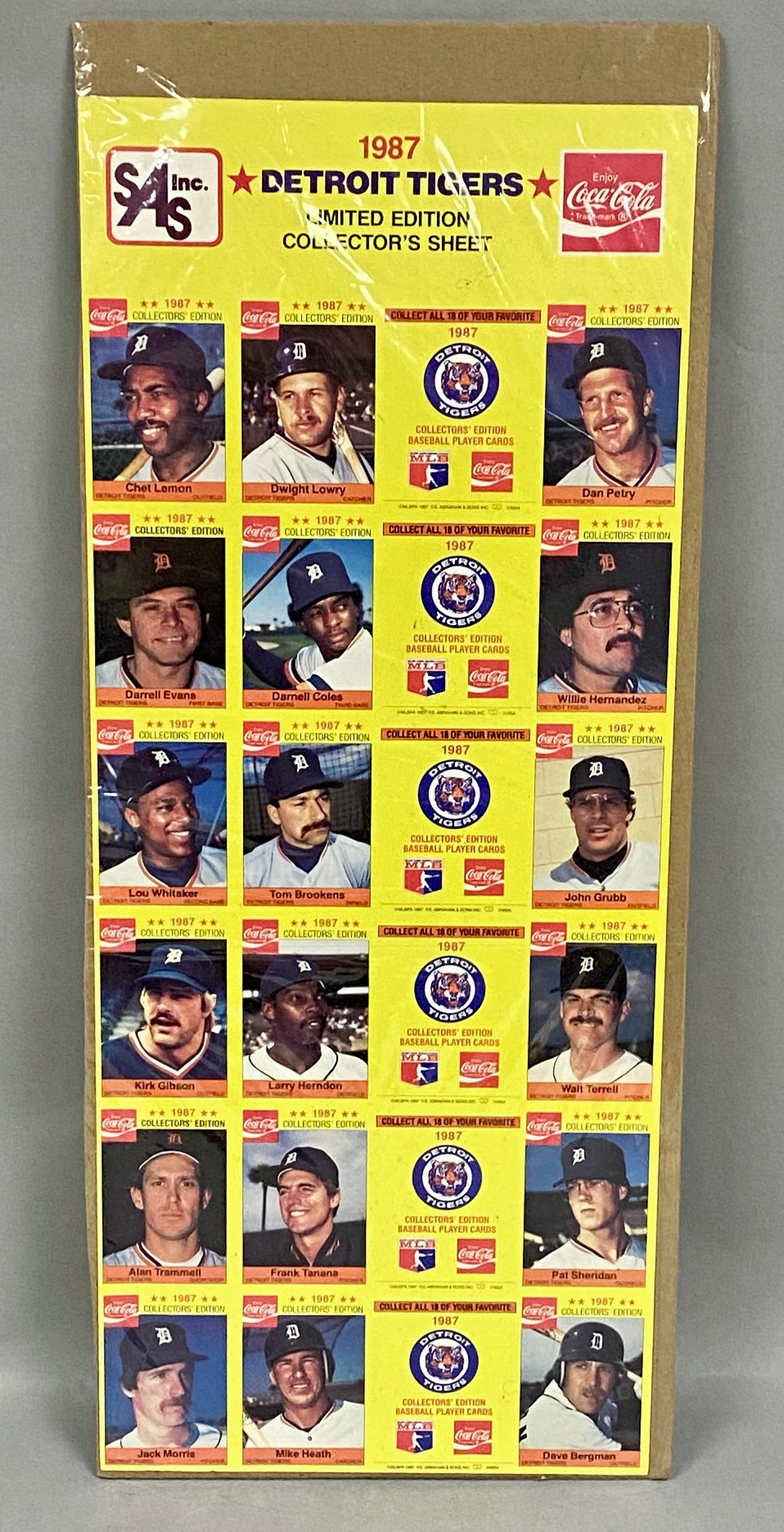 1987 Detroit Tigers Coca-Cola Collector Sheet: A 1987 Detroit Tigers limited edition baseball player collector's sheet produced by MSA for S. Abraham & Sons, Inc. in collaboration with Coca-Cola. This uncut sheet features eighteen individual