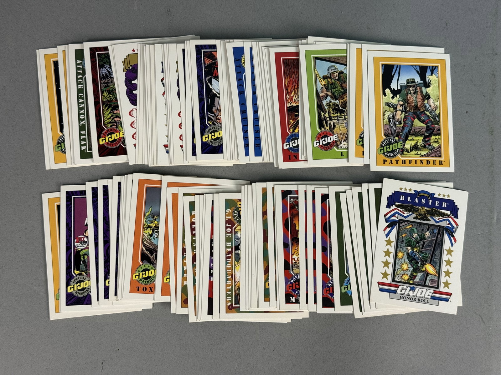 Impel 1991 G.I. Joe Series 1 Trading Cards: An assortment of vintage non-sport trading cards from the 1991 G.I. Joe Series 1 set produced by Impel. The collection includes a variety of base cards depicting iconic characters, military vehicles, 