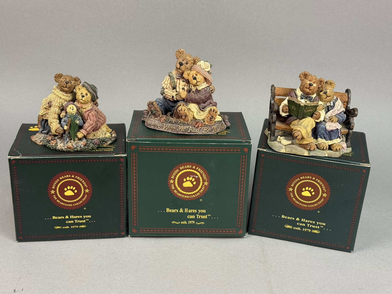 3 Boyds Bears Resin Bearstone Collection Figurines: Three hand-painted cast resin figurines from the Boyds Bears & Friends Bearstone Collection. The trio features domestic and family-themed scenes of anthropomorphic bears. The first figurine, Henry & S