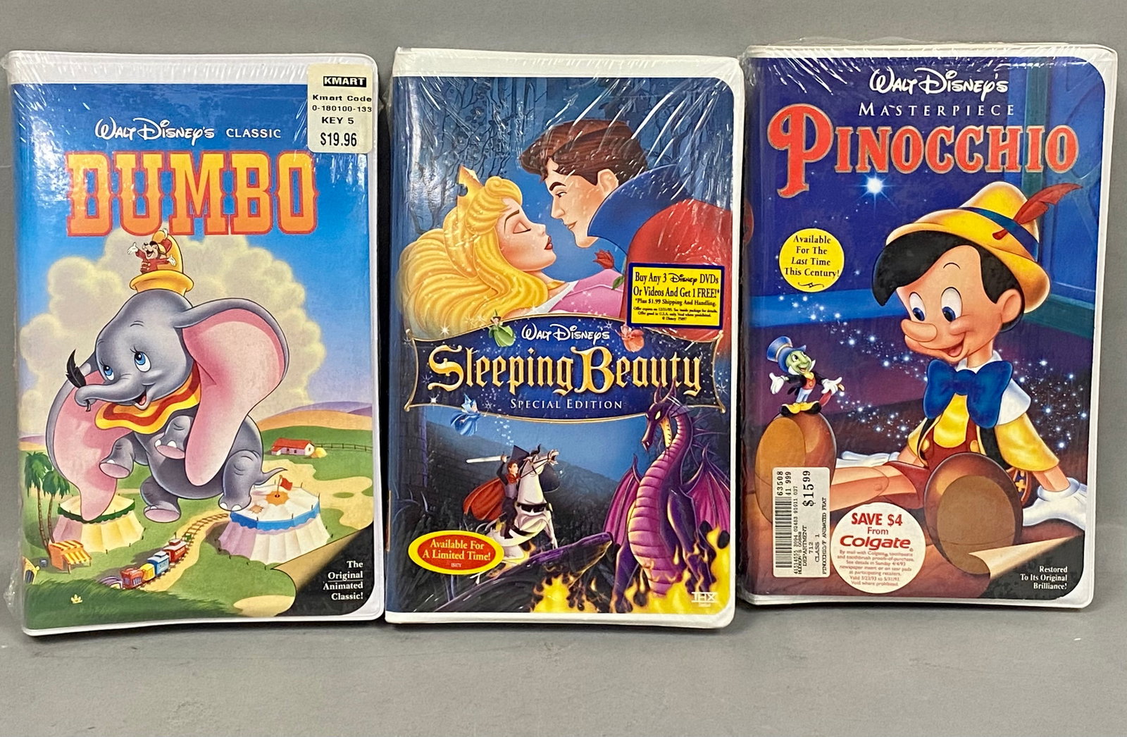 3 Walt Disney Home Video VHS Movies: A collection of three original Walt Disney Home Video VHS movies, all remaining in their original factory-sealed shrink-wrap packaging. The lot includes "Dumbo" from the Walt Disney's Classic "Black D