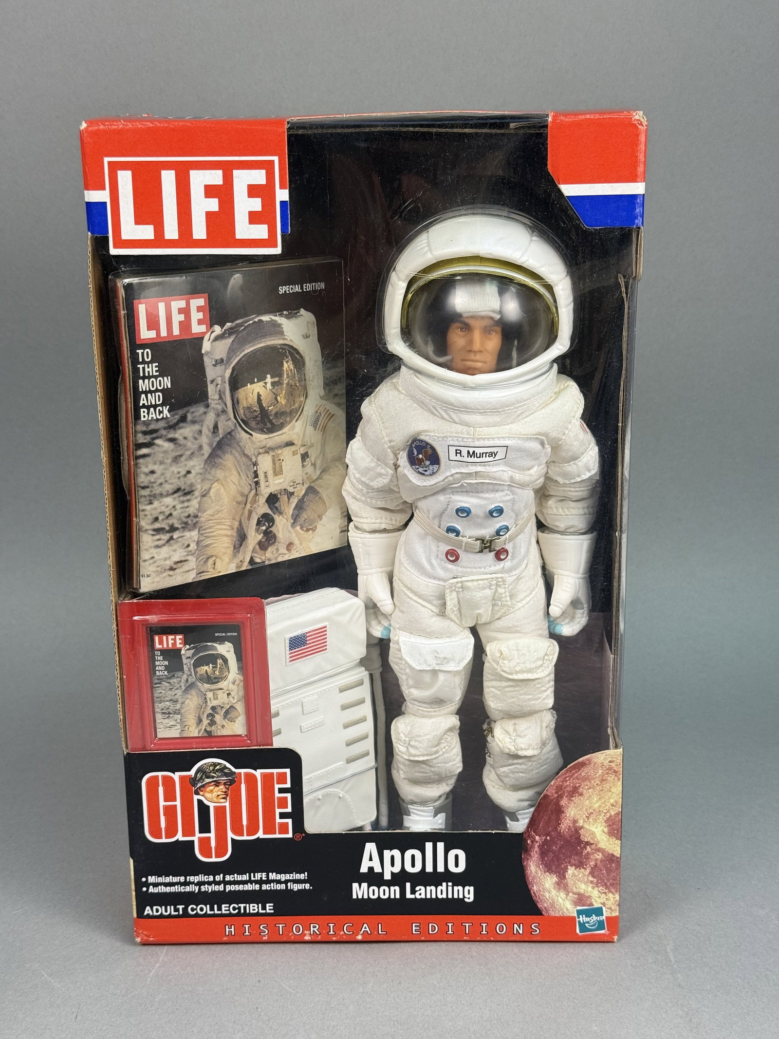 Hasbro G.I. Joe Apollo Moon Landing Figure: This G.I. Joe Apollo Moon Landing action figure is part of the LIFE Historical Editions series produced in collaboration between LIFE Magazine and Hasbro. A white label on the box bottom reads MADE