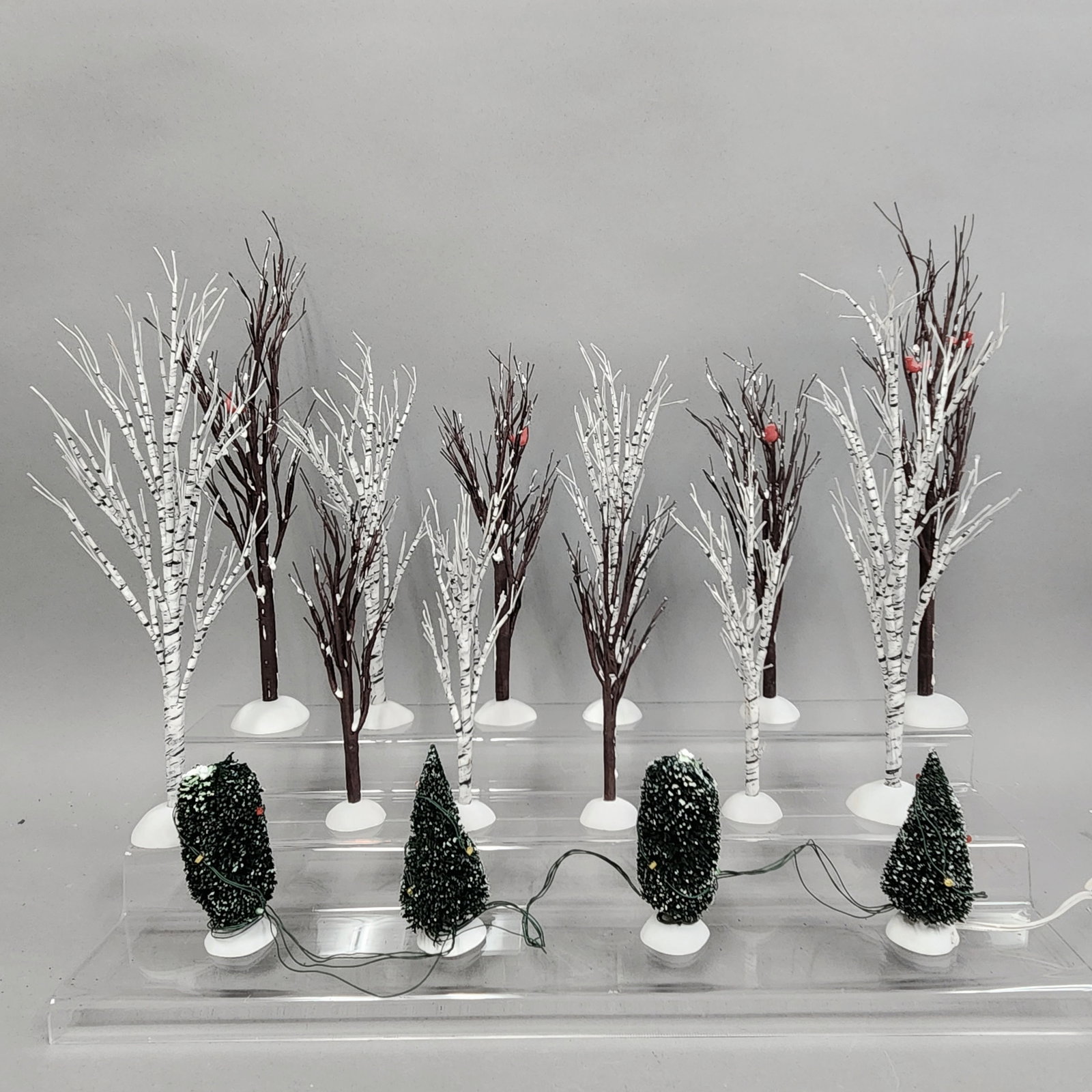 Dept 56 Village Birch & Bare Branch Trees: The collection includes six Bare Branch Trees, model number 52623, six Winter Birch Trees, model number 52636. Bottle brush trees are untested, no power adapter. The trees are in good overall