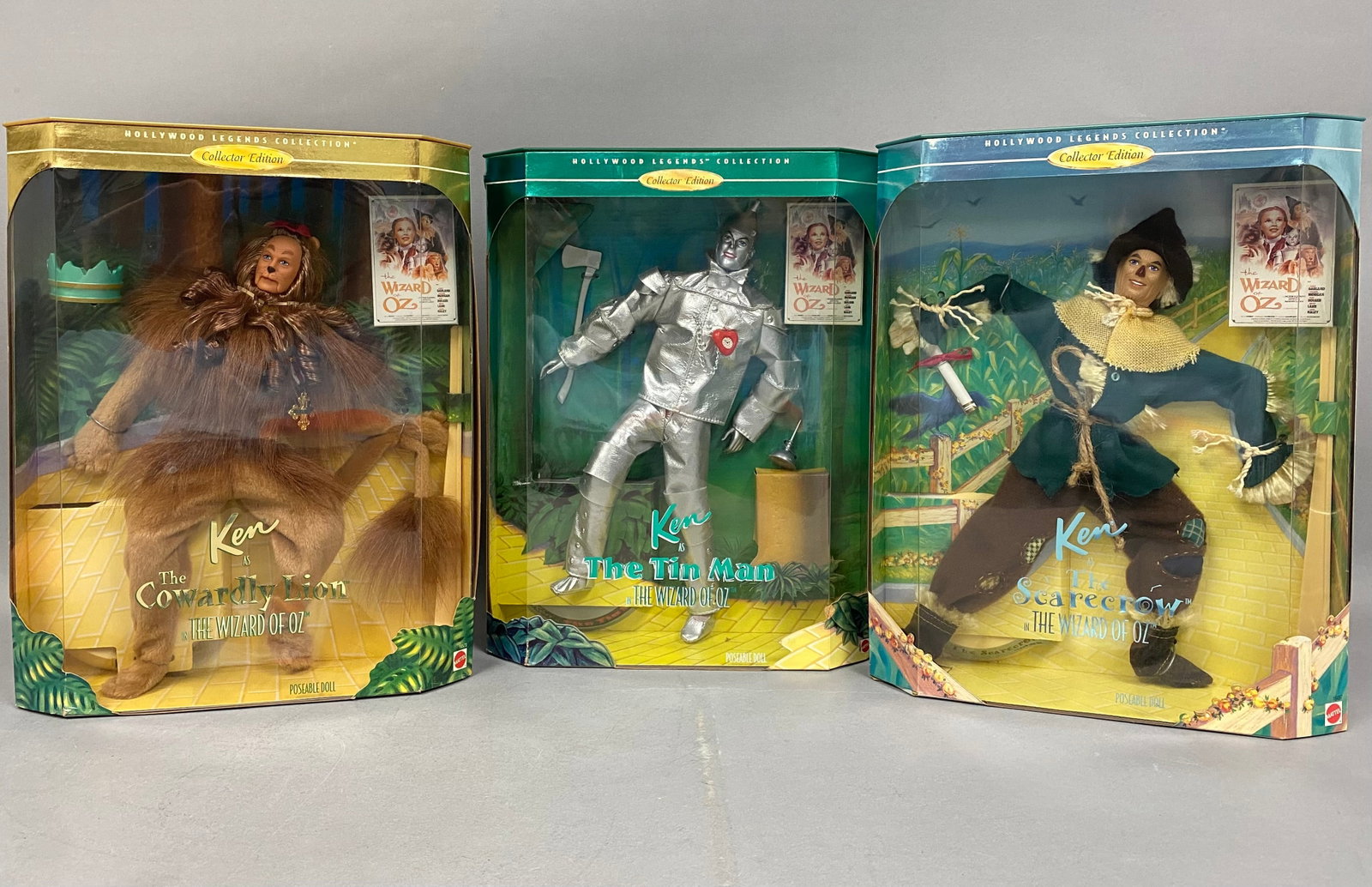 Mattel Wizard of Oz Ken Dolls: This assortment of three poseable vinyl dolls from the Mattel Hollywood Legends Collection features Ken as characters from the classic 1939 film The Wizard of Oz. The group includes Ken as The Cowardl