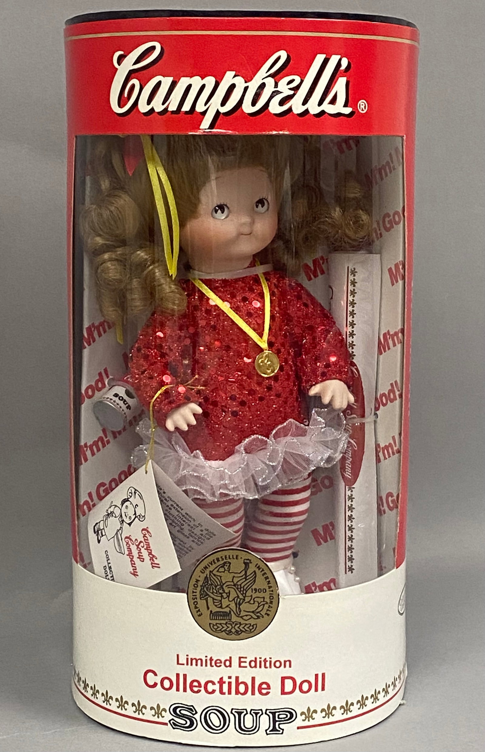 Patricia Loveless Porcelain Campbell Kids Skater Doll: A limited edition porcelain doll depicting the Campbell Kids character in an ice skater motif, designed by artist Patricia Loveless for Collectible Concepts Corporation. The doll features a bisque hea