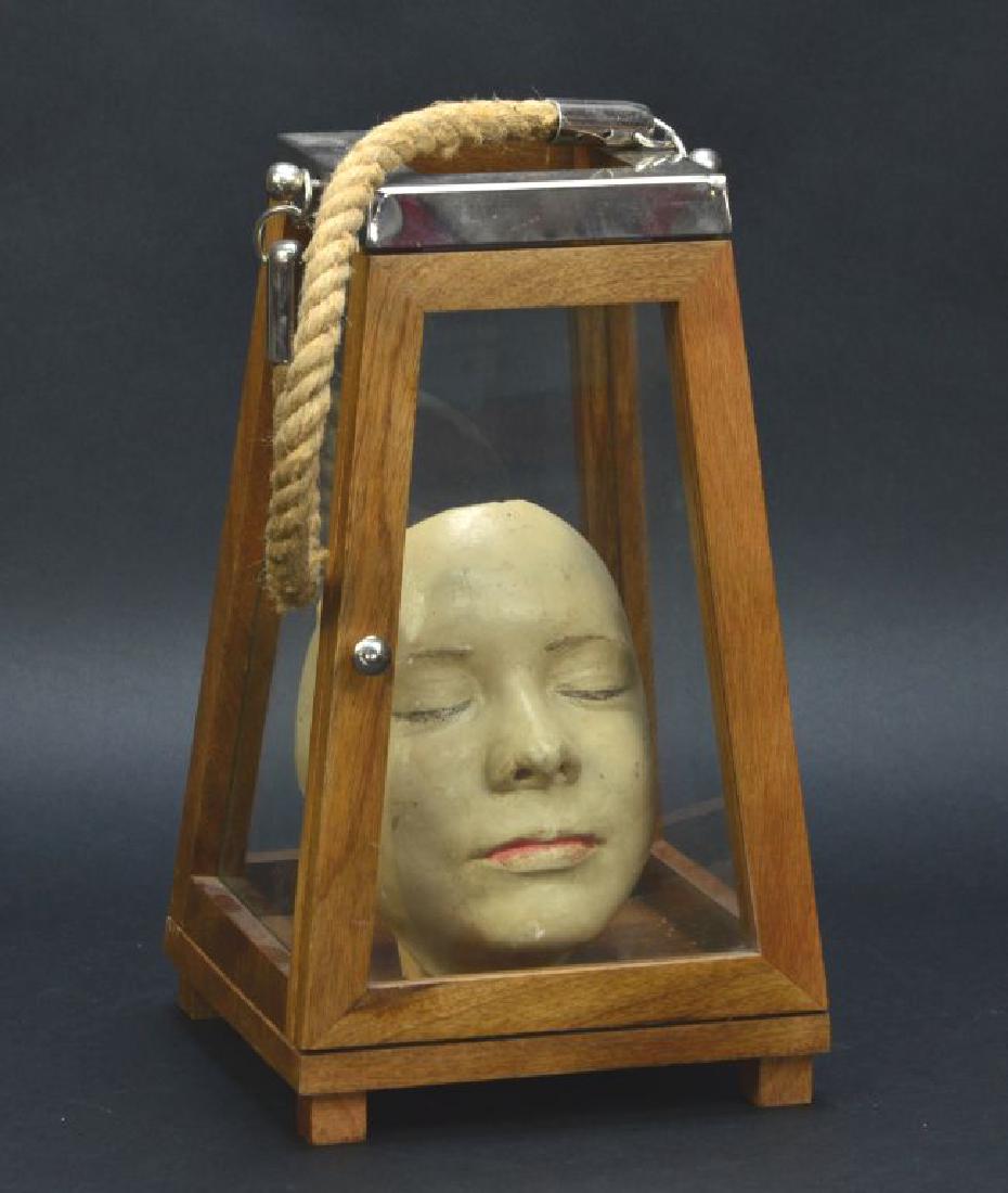 Vintage Plaster Life or Death Face Figural Mask Mounted: Vintage Plaster Life or Death Face Figural Mask Mounted in a Unique Wood/Glass Carry Case. The vintage mask appears plaster and is painted as shown. The mask is mounted to a modern piece of wood and i