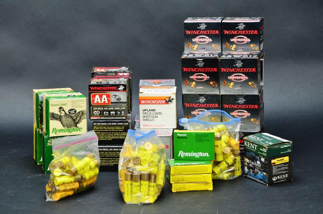 Lot of Ammunition Ammo 20Ga. Winchester, Kent, Remingto: This lot contains (16) boxes Winchester 20 Gauge Universal 25 rounds per box; (4) boxes Winchester 20 Gauge Super X Game Loads 25 rounds per box, one box has 12 rounds; (7) boxes of Winchester 20 Gaug