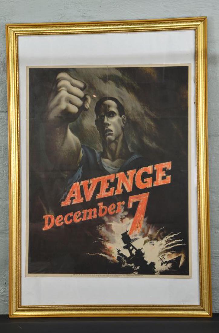 Bernard Perlin WWII Poster “Avenge December 7” after: Original Framed Vintage WWII OWI Poster No .15 Avenge December 7th by Bernard Perlin 1942. This is an Original Vintage Poster; it is not a reproduction. This poster appears to be mounted, framed and w