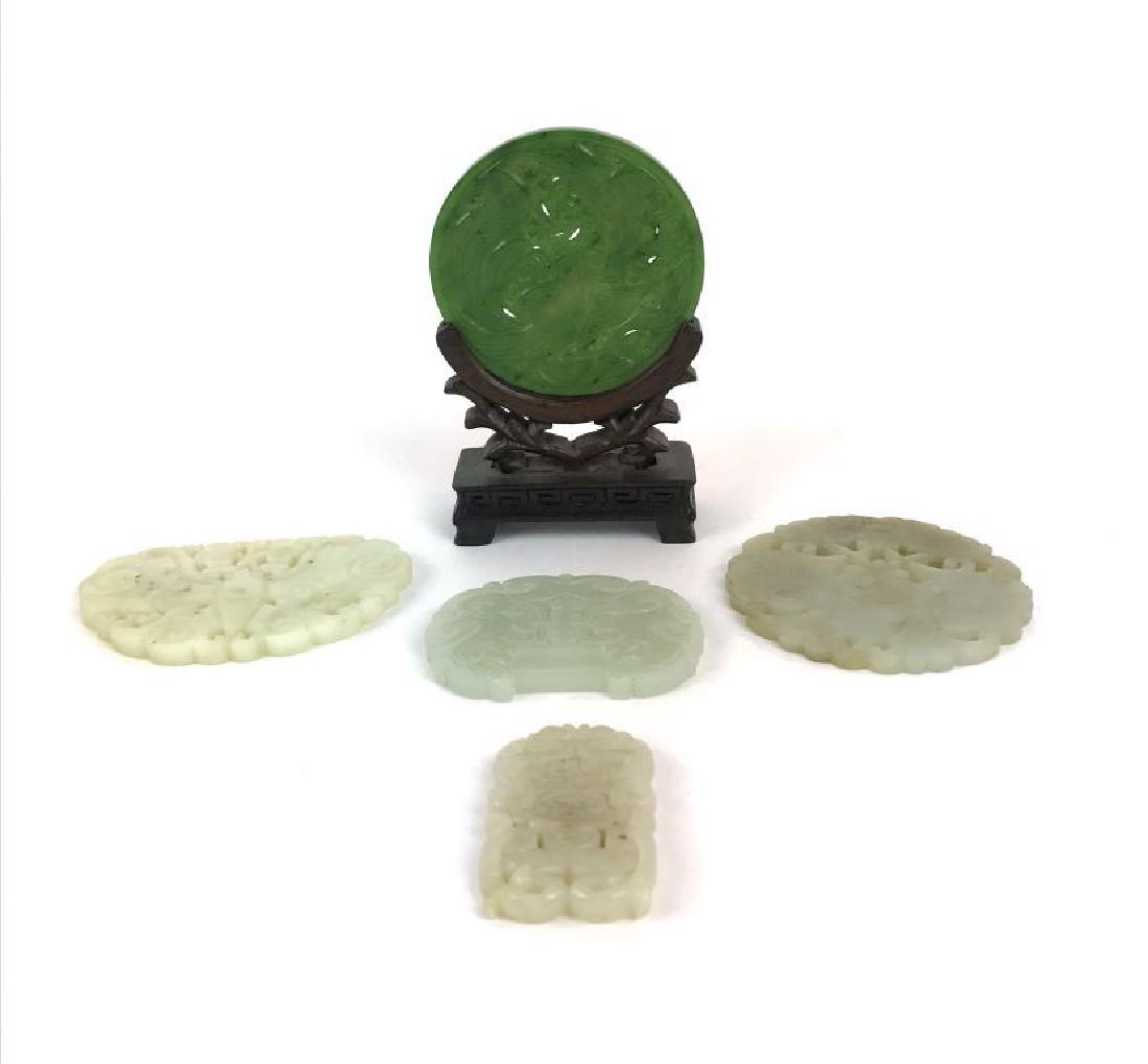 Collection of 5 Antique Oriental Asian Jade Stone: This is a Collection of 5 Antique Oriental Asian Jade Stone Carved Symbolic Carved Medallions that measure between 2.25" to 3.5". These pieces are in good antique condition for their age and the round