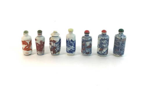 Collection of 7 Antique Oriental Asian Ceramic Blue and: This is a Collection of 7 Antique Oriental Asian Ceramic Blue and Red Glazed Snuff Bottles that measure between 3" to 3.5". These pieces are in good antique condition for their age and have their orig