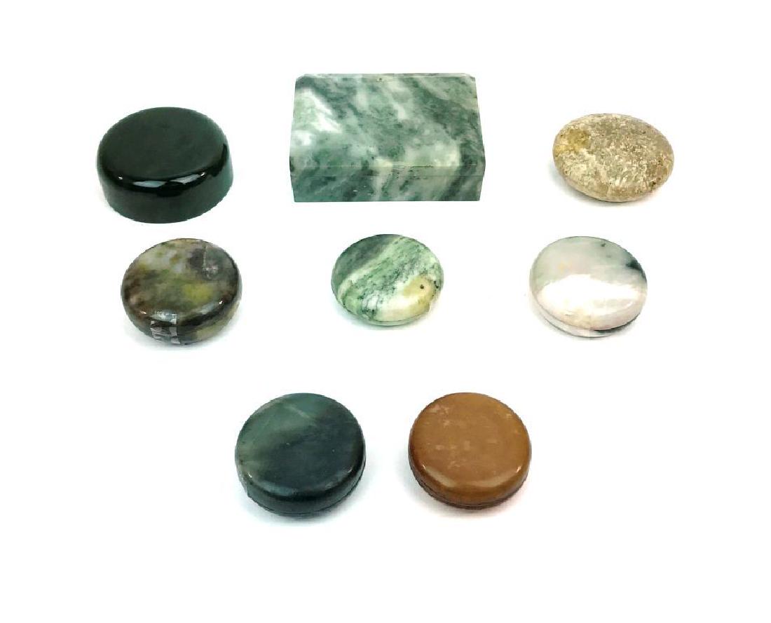 Collection of 8 Antique Oriental Asian Jade Stone Boxes: This is a Collection of 8 Antique Oriental Asian Jade Stone Boxes and Disc Paper Weight that measure between 2" to 4.25". These pieces are in good antique condition for their age and the larger round 