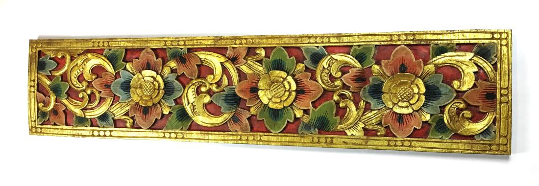 Red, Green, Gold Floral carved wooden decorative panel: This intricately carved colorful decorative panel measures approximately H 13" W 59" D 2". Please Note: All items are sold As-is, Where-is, with no warranties or guarantees, expressed or implied. We D