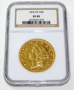 US 1876 CC $20 Liberty Double Eagle Coronet Gold C: Fantastic United States 1876 CC Twenty Dollar $20 Liberty Double Eagle Coronet Gold Coin Graded and Encased by NGC as XF 45 Carson City- 90% Gold