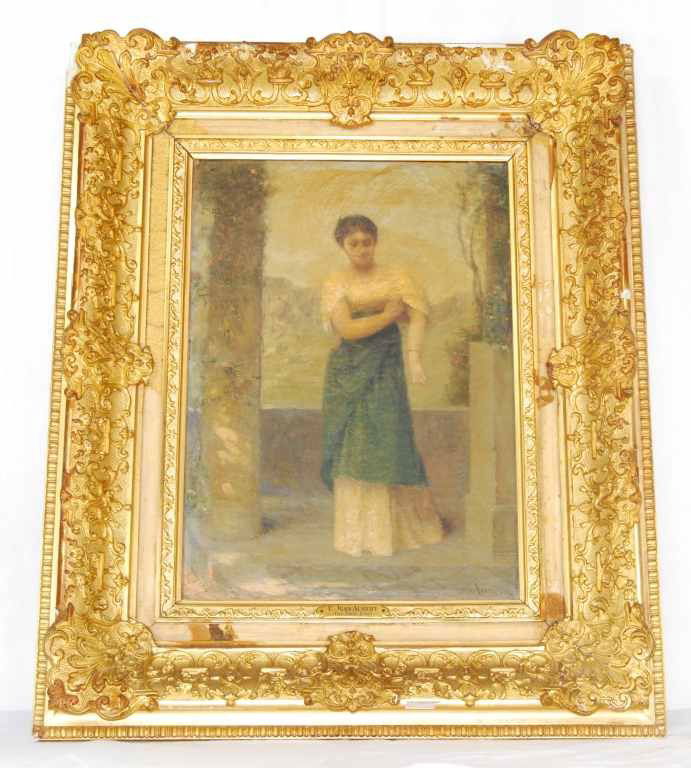 "The First Jewel" Oil on Canvas Painting by Liste: This is an Ernest Jean Aubert original oil on canvas painting, titled “The First Jewel“ in the original antique gesso frame. This portrait of a woman is signed in the lower right hand corner, “J