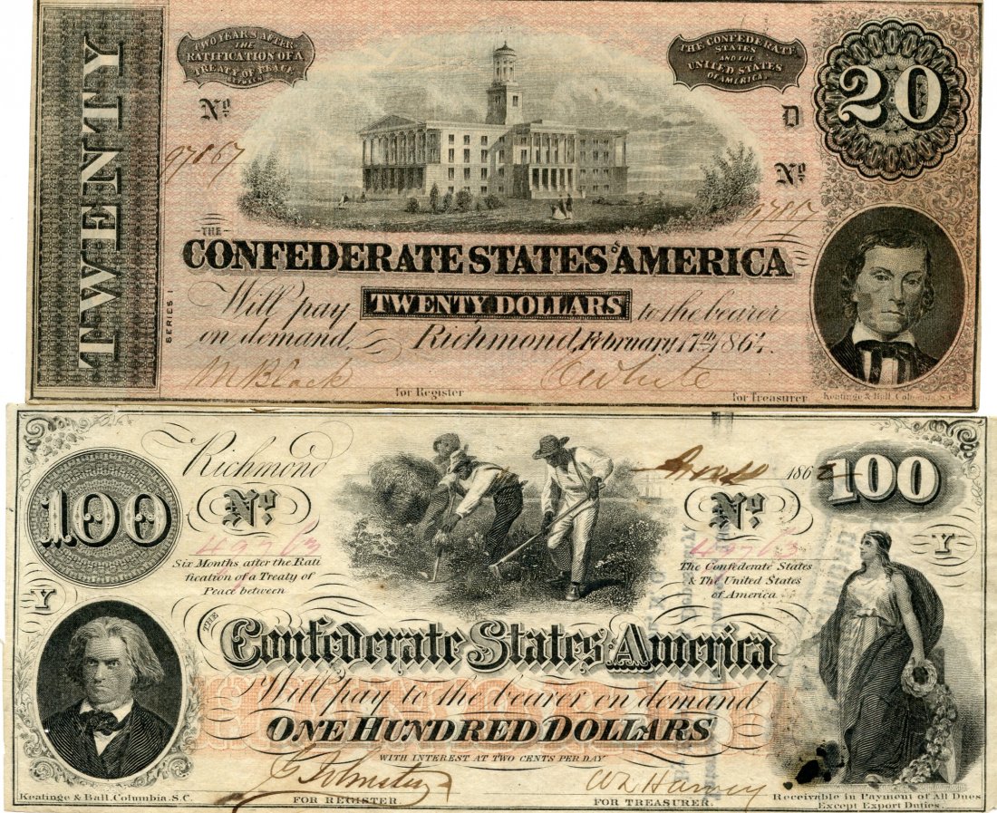 Collection of 4 Richmond Confederate Currency - 1862 $1: This is a Rare Collection of Four Richmond Confederate States of America 1864 and 1862 Bills or Notes. This collection has an 1862 $100.00 Dollar, 1864 $100.00 Dollar, 1864 $20.00 Dollar, and 1864 $20