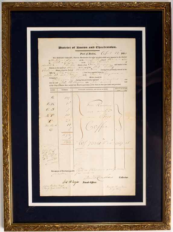 1830 Port of Boston Import Document for Coffee, Signed: This is an 1830 Dated Port of Boston Import Document for Coffee with Signatures of Gen. John Parker Boyd & David Henshaw. This old document is framed 17” x 23”. This document has survived over 180