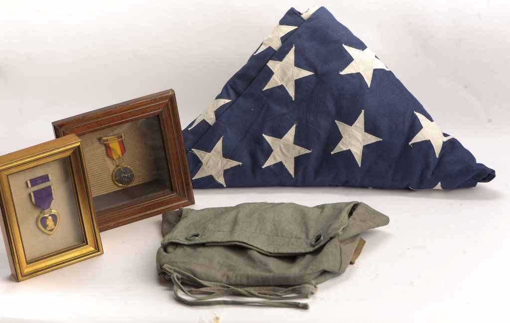 Vintage Military Memorabilia- US Purple Heart, Spain: This is a Nice Vintage Lot of Military Memorabilia to Include a Framed US Purple Heart, Spain Medal for the Civil War of 1936-1939 (Medalla de la Campaña 1936-1939), a United States Flag and Service 
