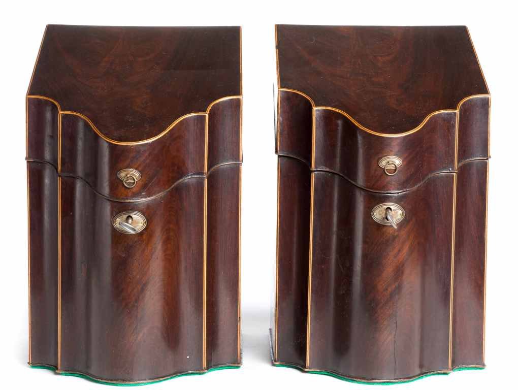 Pair of Antique Wood Parquetry English Wood: This is an Antique Early Pair of English Wood Knife or Cutlery Boxes. This set is matching, and has identical keys. These wood cases measure approximately 14.5” tall, 10.5” deep, and 8.75” wide.