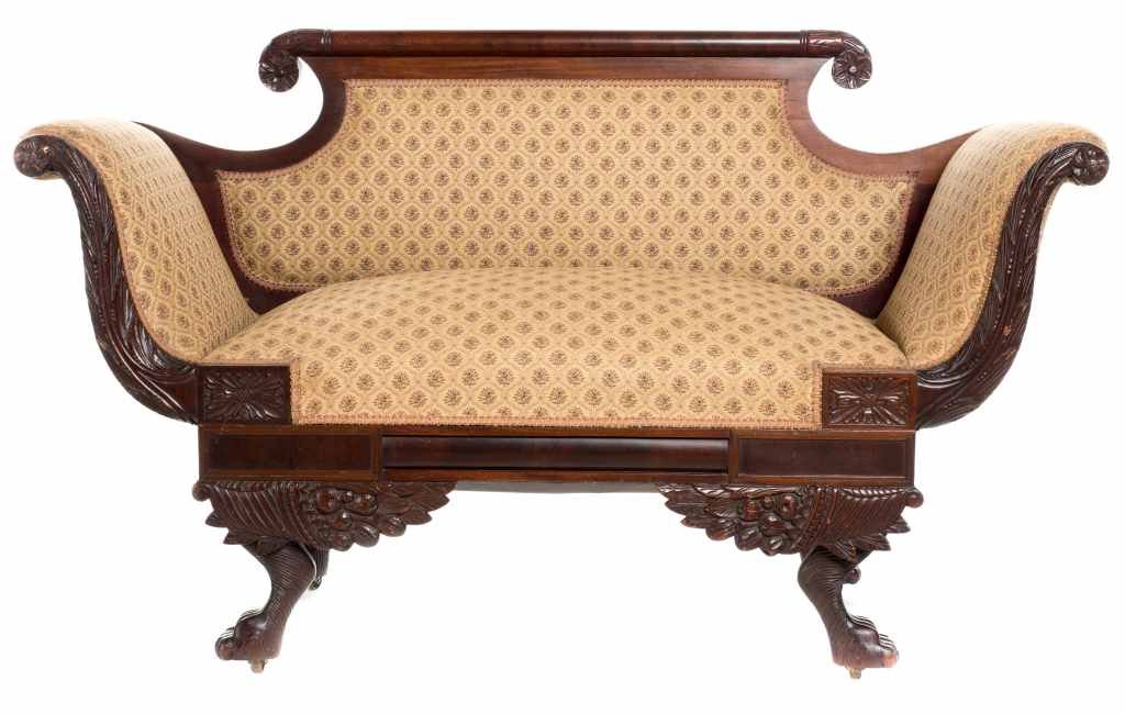 Antique Ornately Carved Clawfoot Tapestry Sofa / Settee: This lovely Settee has ornately carved Arms, Back, and Feet. There are a few very small fleabite chips along the edges, and minimal wear. Please view the photos to determine the overall condition, and