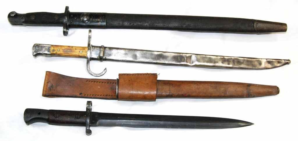 Two British WWI Bayonets and one Japanese WWII Bayonet: This three piece Bayonet collection features three fantastic Bayonets. Two British WW1 Bayonets the first and oldest being a WW1 British 1903 Patten Knife Bayonet with Scabbard measuring 17 3/8th inch