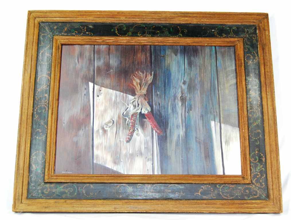 Listed Artist, Jackson M. Hensley, Oil on Board: This fantastic oil on board by listed artist Jackson M. Hensley, (1940-) is in his typical mid-western style. This simple but beautiful piece depicts dried corn husks hanging from barn wood planks. Th