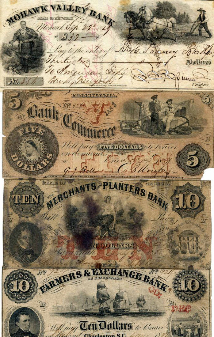 3 Civil War Era $5, $10 Bank Notes & Cancelled Checks: This is a Collection of 3 Civil War Era Bank Notes and a Cancelled Mohawk Valley Bank Check. Included in this collection is a $5 Dollar Pennsylvania Bank of Commerce Note, $10 Dollar Farmers & Exchang