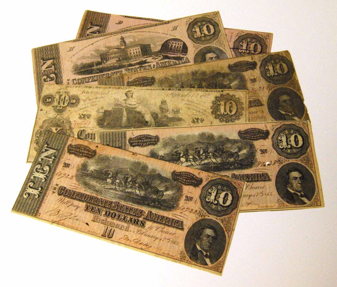 6 Civil War Confederate States of America Richmond $10: This is a Collection of 6 Civil War Confederate States of America Richmond $10 Dollar Currency Notes Dated 1862 and 1864. The 1862 notes do have cancellation cuts as shown in photos. These pieces are