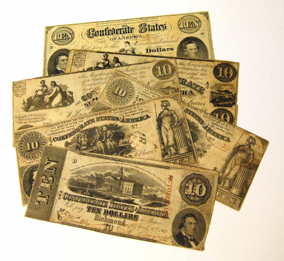6 Civil War Confederate States of America Richmond $10: This is a Collection of 6 Civil War Confederate States of America Richmond $10 Dollar Currency Notes Dated 1861 and 1863. The notes do have cancellation cuts as shown in photos. These pieces are in ve