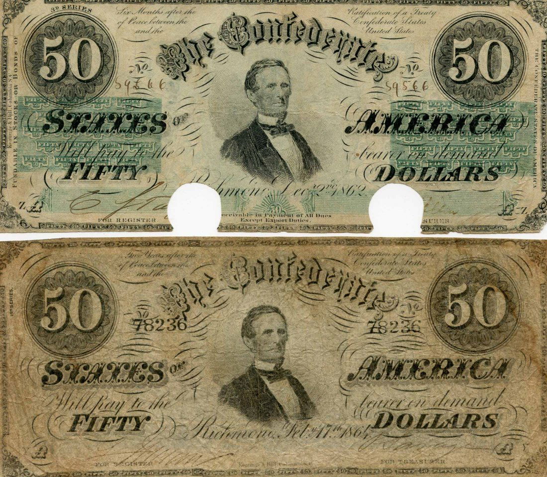 Pair of Civil War, Confederate States of America $50: This is a Pair of Civil War Confederate States of America $50 Dollar Currency Notes Dated 1862 and 1864. These pieces are in very nice condition and are truly a piece of early American Art. The 1862 d