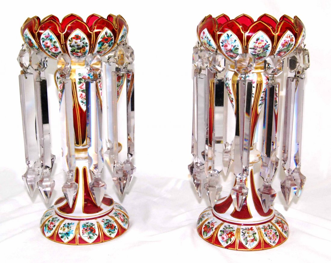 Pair of Czech Antique Cased White Cranberry Glass: This is a lovely Pair of Antique Czech Cased White Cranberry Glass Mantle Lustres, measuring approximately 14” tall. This set does show moderate wearing to some of the paint, and there are 2 broken