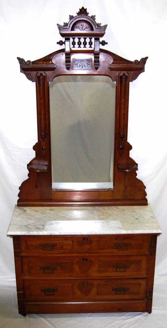 Antique Walnut Eastlake Marbletop Dresser w/ Mirror