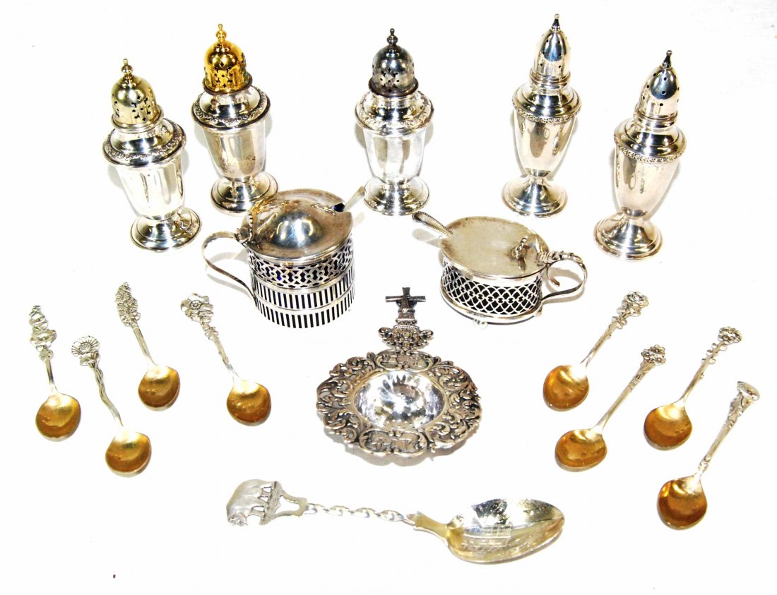Sterling Silver Spoons, Salt & Pepper Shakers, Salt: This is a Nice Collection of Sterling Silver Serving Pieces to Include Spoons, Salt & Pepper Shakers, and Salt / Condiment Cellars. This lot contains 3 Gorham Sterling Shakers with non-sterling lids, 