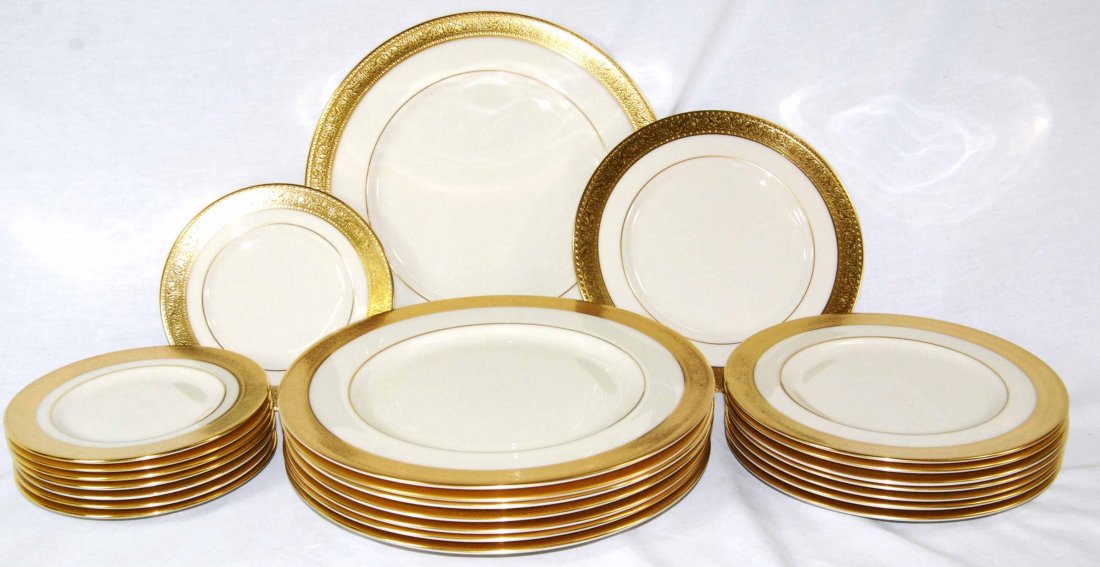 Vintage Set of Lenox China Plates, 24 Pieces: This set includes 24 pieces of Lenox China, with 3 different sized plates including 8 dinner plates, 8 salad plates, and 8 bread plates. These plates measure 10 ½”, 8 ¼” and 6 ½”. This set is