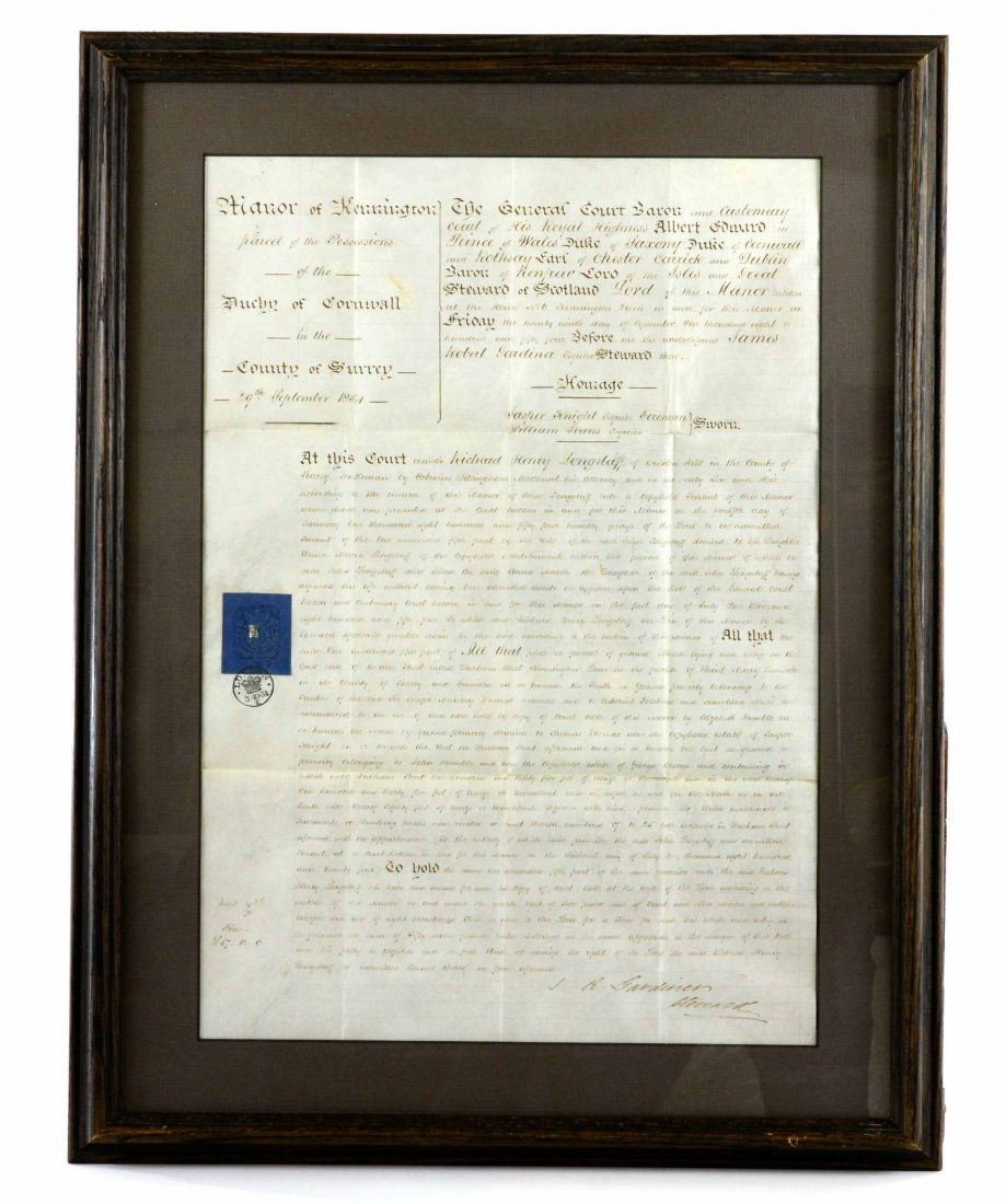 RARE Hand Written Land Transfer Document: This is a Rare Sept 29th 1854 Hand Written and Signed Manor of Kennington , Duchy of Cornwall, Surrey County Land Transfer Document for Richard Henry Longstaff, Heir to John Longstaff. This framed doc